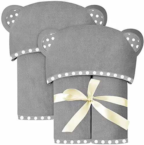 ELSVIN Set of 2 Hooded Baby Towels – Grey – Luxurious, Large and Super Absorbent – 30 x 30 Inch – Soft and Suitable for Infants, Toddlers and Kids – 400 GSM - 1