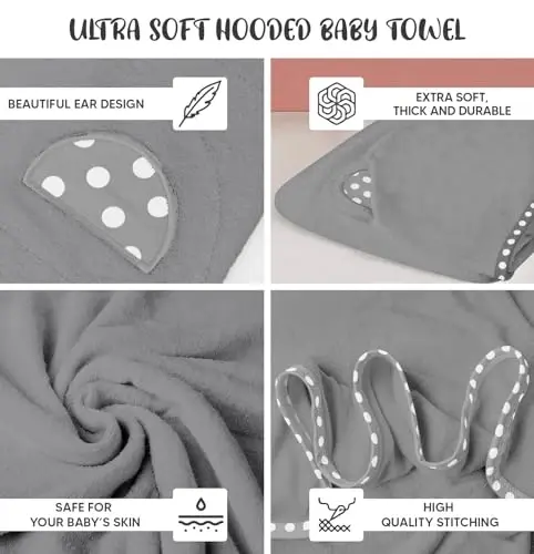 ELSVIN Set of 2 Hooded Baby Towels – Grey – Luxurious, Large and Super Absorbent – 30 x 30 Inch – Soft and Suitable for Infants, Toddlers and Kids – 400 GSM - 3