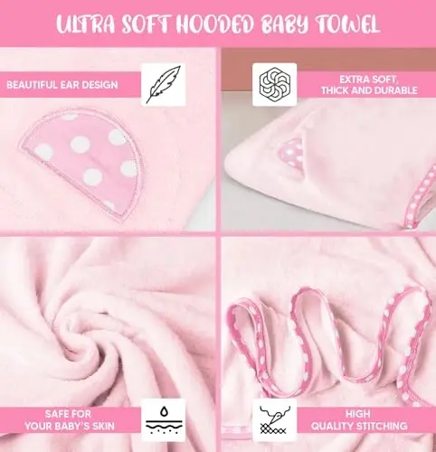 ELSVIN Set of 2 Hooded Baby Towels – Pink and Grey – Luxurious, Large and Super Absorbent – 30 x 30 Inch – Soft and Suitable for Infants, Toddlers and Kids – 400 GSM - 3