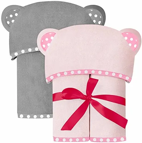 ELSVIN Set of 2 Hooded Baby Towels – Pink and Grey – Luxurious, Large and Super Absorbent – 30 x 30 Inch – Soft and Suitable for Infants, Toddlers and Kids – 400 GSM 
