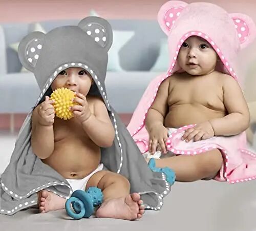 ELSVIN Set of 2 Hooded Baby Towels – Pink and Grey – Luxurious, Large and Super Absorbent – 30 x 30 Inch – Soft and Suitable for Infants, Toddlers and Kids – 400 GSM - ELSVIN (1)
