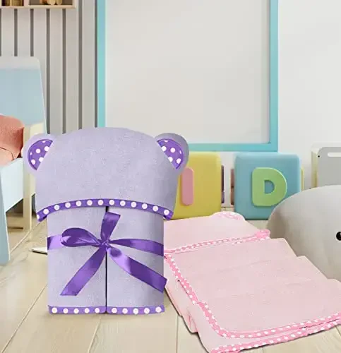 ELSVIN Set of 2 Hooded Baby Towels – Purple and Pink – Luxurious, Large and Super Absorbent – 35 x 35 Inch – Soft and Suitable for Infants, Toddlers and Kids – 400 GSM - 7