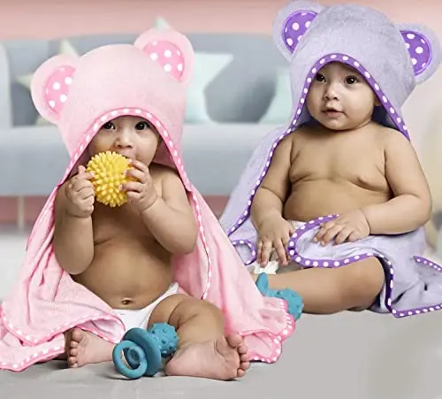 ELSVIN Set of 2 Hooded Baby Towels – Purple and Pink – Luxurious, Large and Super Absorbent – 35 x 35 Inch – Soft and Suitable for Infants, Toddlers and Kids – 400 GSM - 2