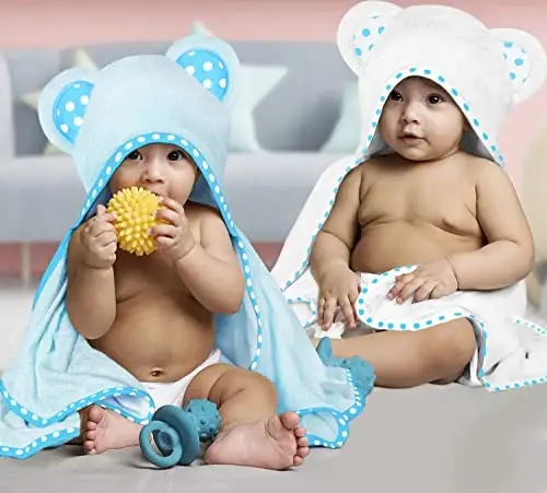 ELSVIN Set of 2 Hooded Baby Towels – White and Blue – Luxurious, Large and Super Absorbent – 30 x 30 Inch – Soft and Suitable for Infants, Toddlers and Kids – 400 GSM - ELSVIN (1)