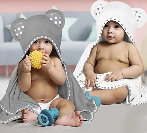 ELSVIN Set of 2 Hooded Baby Towels – White and Grey – Luxurious, Large and Super Absorbent – 30 x 30 Inch – Soft and Suitable for Infants, Toddlers and Kids – 400 GSM - ELSVIN (1)