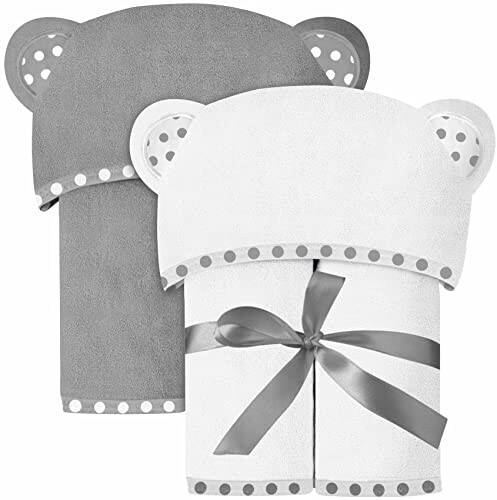 ELSVIN Set of 2 Hooded Baby Towels – White and Grey – Luxurious, Large and Super Absorbent – 30 x 30 Inch – Soft and Suitable for Infants, Toddlers and Kids – 400 GSM - 1