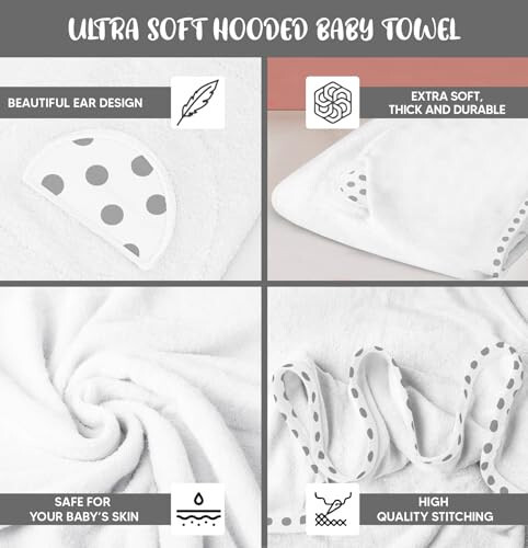 ELSVIN Set of 2 Hooded Baby Towels – White and Grey – Luxurious, Large and Super Absorbent – 30 x 30 Inch – Soft and Suitable for Infants, Toddlers and Kids – 400 GSM - 3