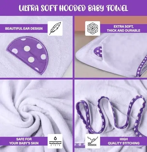 ELSVIN Set of 2 Hooded Baby Towels – White and Purple – Luxurious, Large and Super Absorbent – 35 x 35 Inch – Soft and Suitable for Infants, Toddlers and Kids – 400 GSM - 3