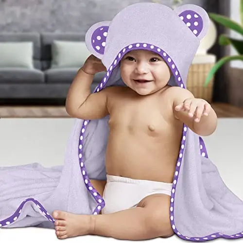 ELSVIN Set of 2 Hooded Baby Towels – White and Purple – Luxurious, Large and Super Absorbent – 35 x 35 Inch – Soft and Suitable for Infants, Toddlers and Kids – 400 GSM - 6
