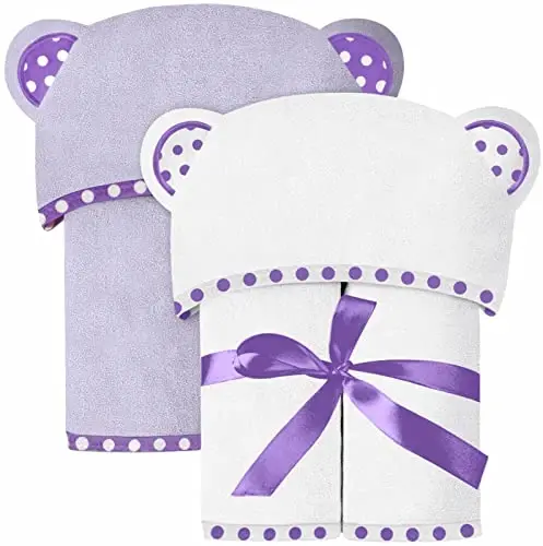ELSVIN Set of 2 Hooded Baby Towels – White and Purple – Luxurious, Large and Super Absorbent – 35 x 35 Inch – Soft and Suitable for Infants, Toddlers and Kids – 400 GSM - 1