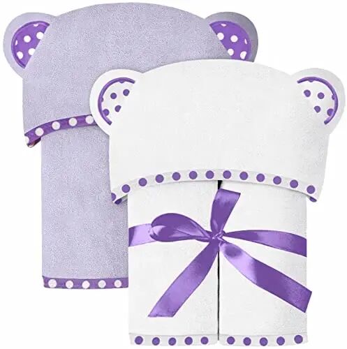 ELSVIN Set of 2 Hooded Baby Towels – White and Purple – Luxurious, Large and Super Absorbent – 35 x 35 Inch – Soft and Suitable for Infants, Toddlers and Kids – 400 GSM - ELSVIN