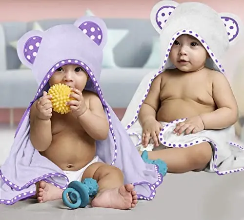 ELSVIN Set of 2 Hooded Baby Towels – White and Purple – Luxurious, Large and Super Absorbent – 35 x 35 Inch – Soft and Suitable for Infants, Toddlers and Kids – 400 GSM - 2