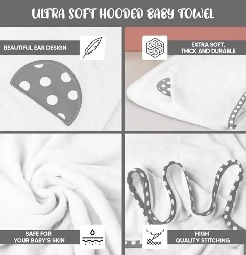 ELSVIN Set of 2 Hooded Baby Towels – White – Luxurious, Large and Super Absorbent – 30 x 30 Inch – Soft and Suitable for Infants, Toddlers and Kids – 400 GSM - 3