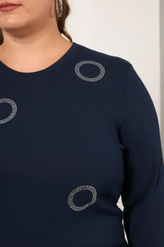Embellished Circle Stone Plus Size Blouse Navy Blue - BÜYÜKBEDENIZ (1)