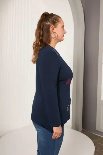 Embellished Circle Stone Plus Size Blouse Navy Blue - 3