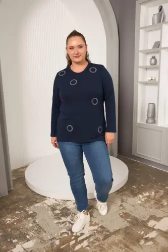 Embellished Circle Stone Plus Size Blouse Navy Blue - 5