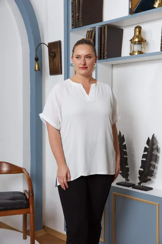 Embellished Collar Plus Size Ecru Blouse - BÜYÜKBEDENIZ