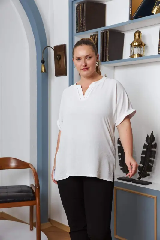 Embellished Collar Plus Size Ecru Blouse - 2