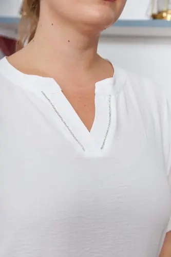 Embellished Collar Plus Size Ecru Blouse - 4