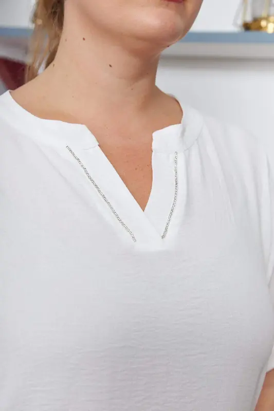 Embellished Collar Plus Size Ecru Blouse - 4