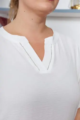 Embellished Collar Plus Size Ecru Blouse - 4