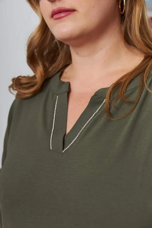 Embellished Collar Plus Size Khaki Blouse - 6
