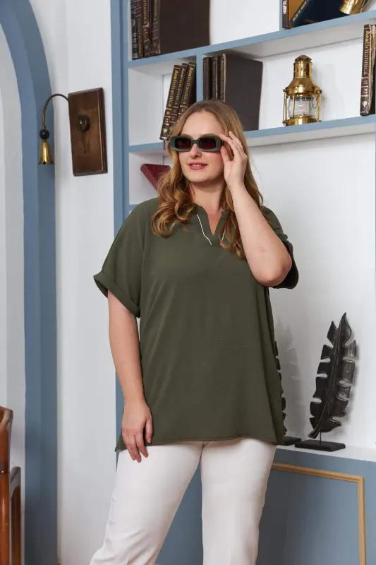 Embellished Collar Plus Size Khaki Blouse - 2