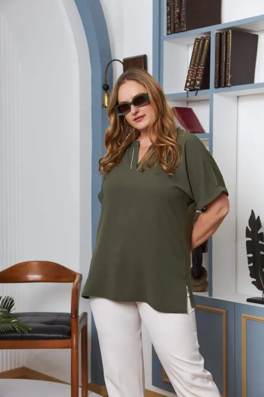 Embellished Collar Plus Size Khaki Blouse - 3