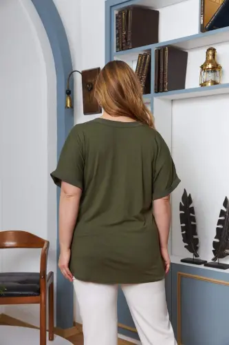 Embellished Collar Plus Size Khaki Blouse - 4