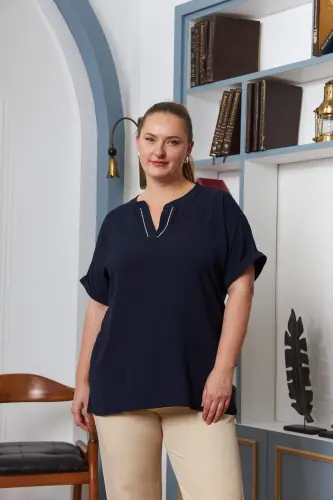 Embellished Collar Plus Size Navy Blue Blouse - 1