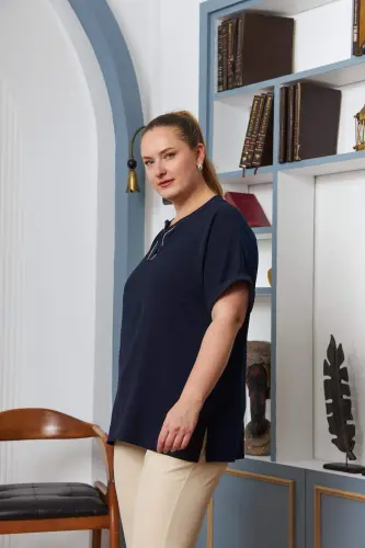 Embellished Collar Plus Size Navy Blue Blouse - 3