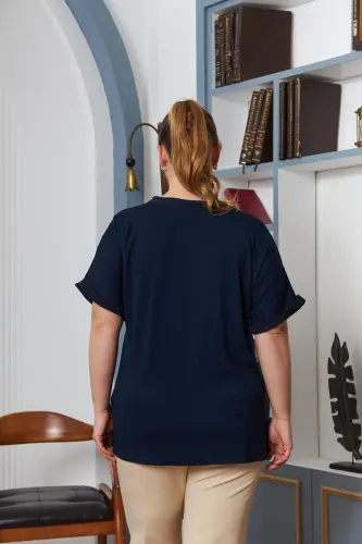 Embellished Collar Plus Size Navy Blue Blouse - 4