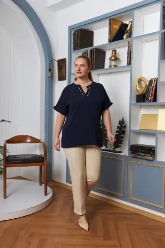 Embellished Collar Plus Size Navy Blue Blouse - 5