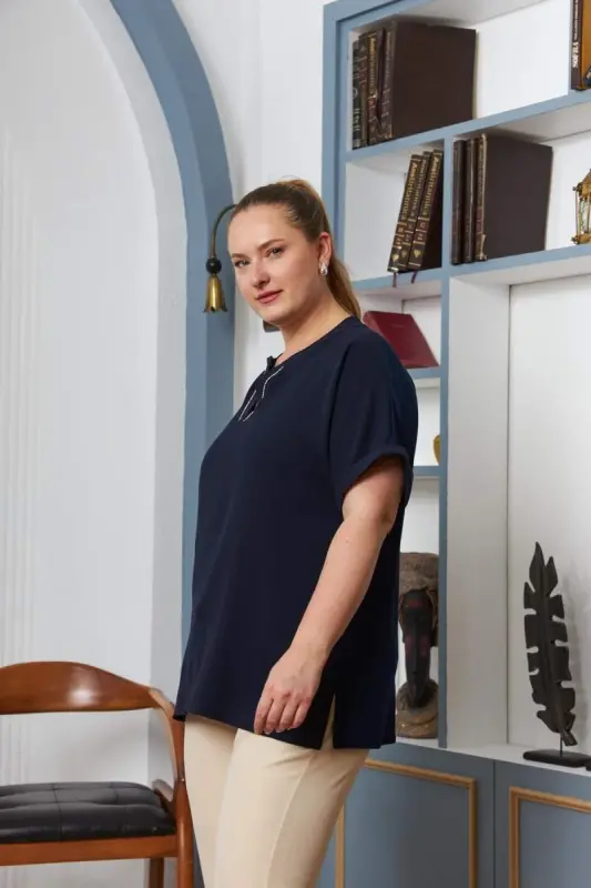 Embellished Collar Plus Size Navy Blue Blouse - 3