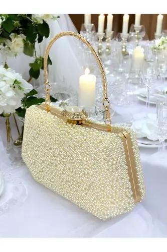 Embellished Evening Bag Pearl Color Bridal Bag Evening Bag Night Bag Portfolio Clutch-Ecru 