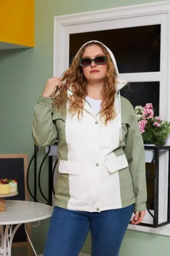 Embellished Hooded Plus Size Trench Coat Ecru - 5