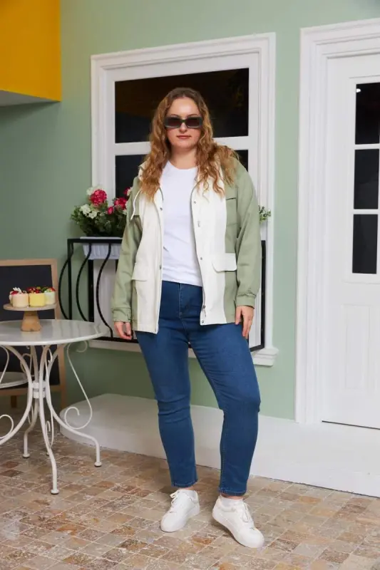 Embellished Hooded Plus Size Trench Coat Ecru - 6