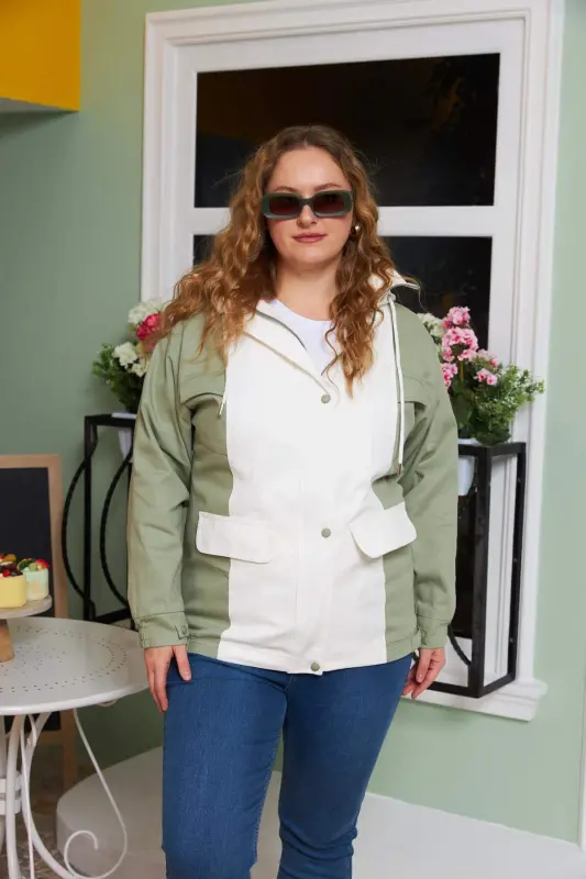 Embellished Hooded Plus Size Trench Coat Ecru - BÜYÜKBEDENIZ