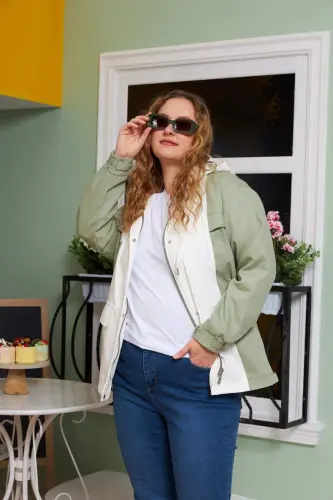 Embellished Hooded Plus Size Trench Coat Ecru - 13