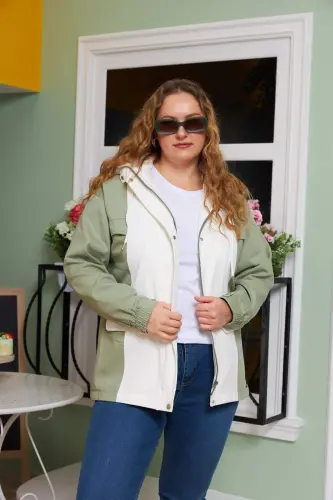 Embellished Hooded Plus Size Trench Coat Ecru - 4