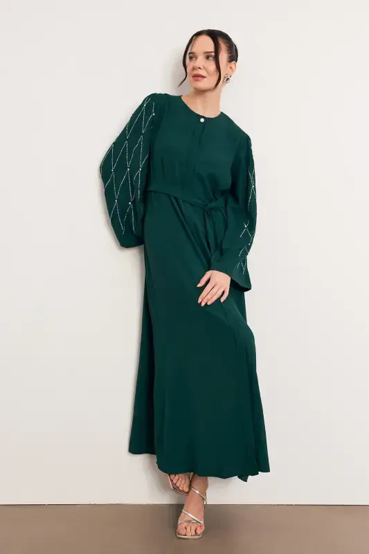 Embellished Stone Abaya - Emerald-Emerald - 2