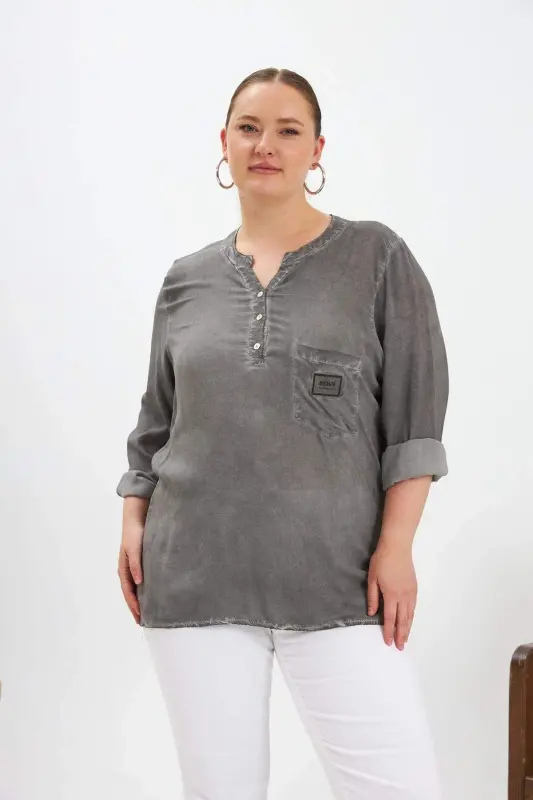 Emblem Detailed Plus Size Washed Blouse Smoke Gray - BÜYÜKBEDENIZ