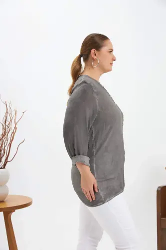 Emblem Detailed Plus Size Washed Blouse Smoke Gray - 3