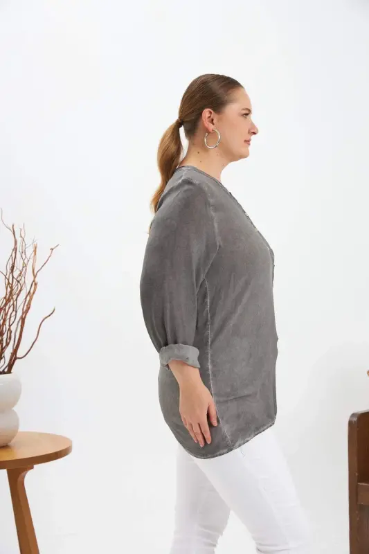 Emblem Detailed Plus Size Washed Blouse Smoke Gray - 3