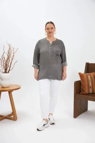 Emblem Detailed Plus Size Washed Blouse Smoke Gray - 4
