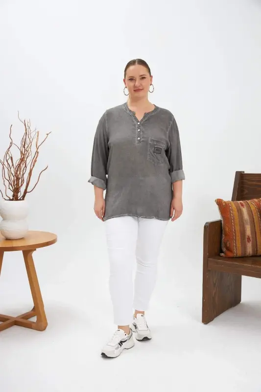 Emblem Detailed Plus Size Washed Blouse Smoke Gray - 4