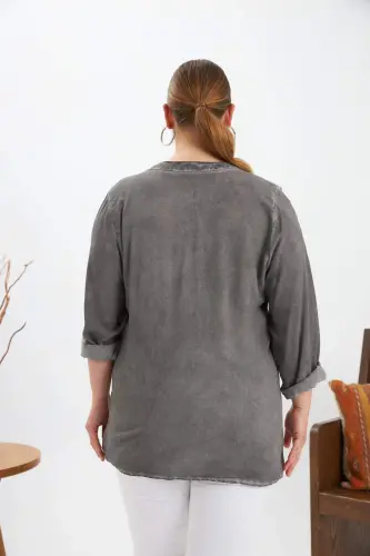 Emblem Detailed Plus Size Washed Blouse Smoke Gray - 5