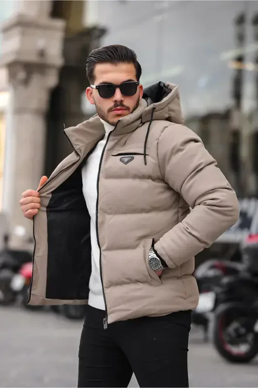 Embossed Carbon Leather Jacket Hooded PLDP 2959-BEIGE - 1