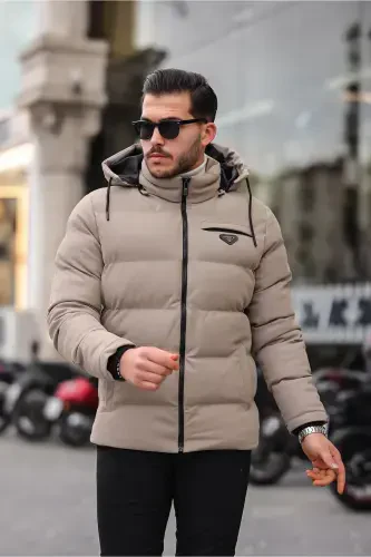 Embossed Carbon Leather Jacket Hooded PLDP 2959-BEIGE - 3