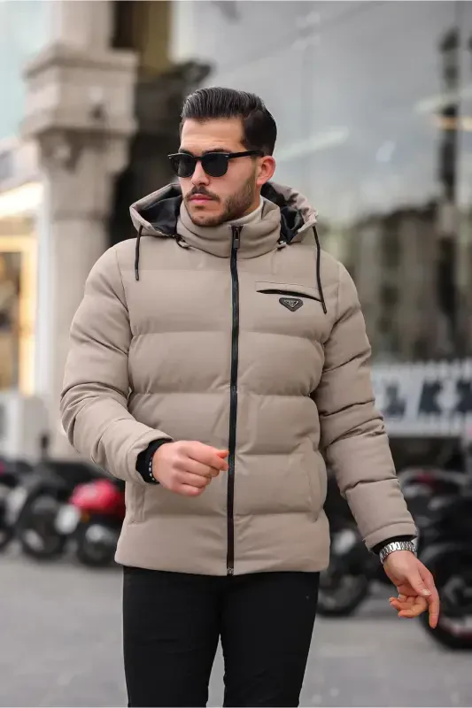 Embossed Carbon Leather Jacket Hooded PLDP 2959-BEIGE - 3